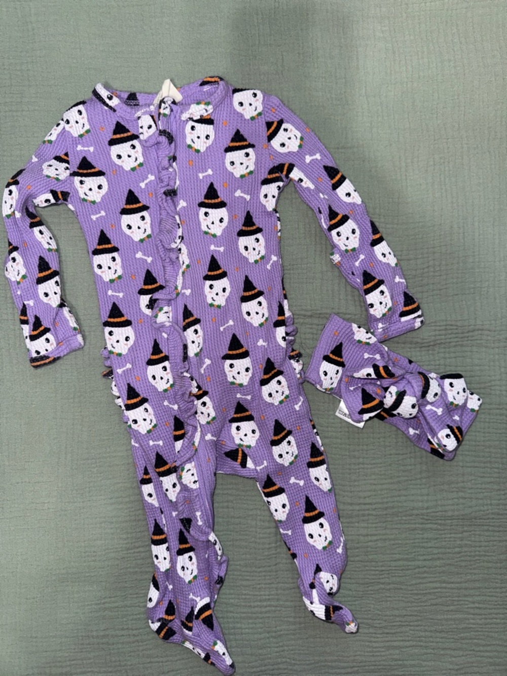 Purple Halloween Puppy Print Footed One-Piece for Kids